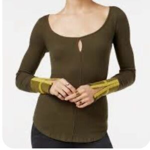 We The Free Olive Knit Top with Yellow Cuff Details